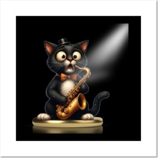 Funny Cat Playing Saxophone Musician Saxophonist Posters and Art